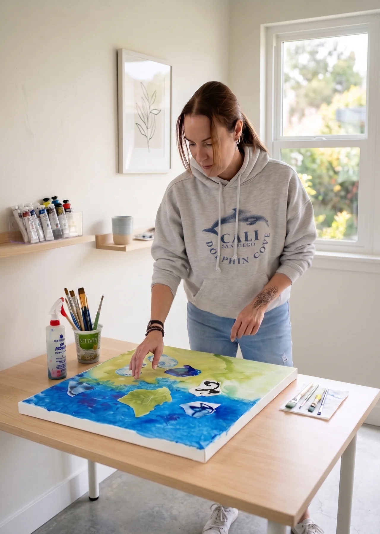 Marie-Hélène Pierre travaille à une peinture dans son atelier