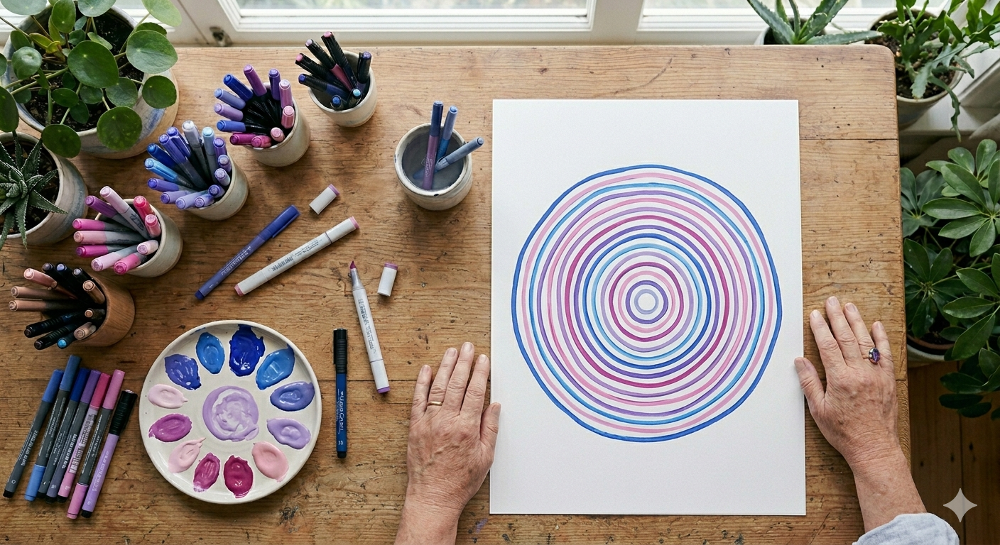 Des mains entourent une feuille de cercles colorés, avec des feutres et une palette de peinture sur la table.