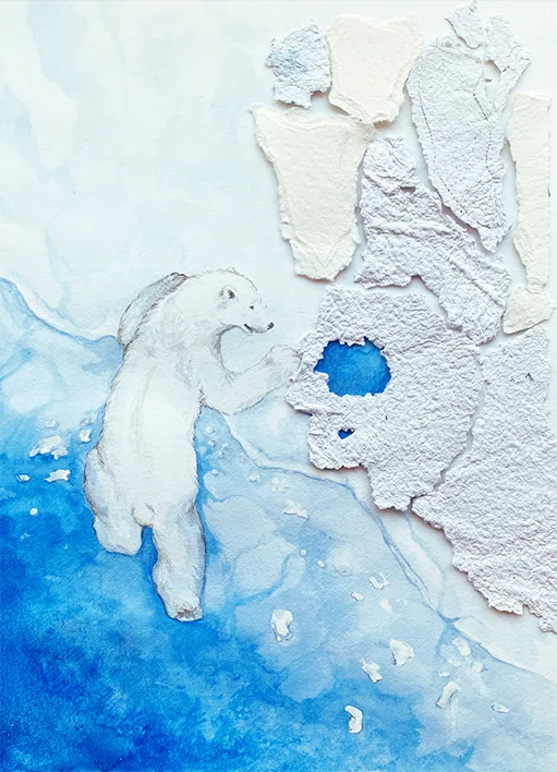 Plan artique, aquarelle et papier fait mains à partir de matériaux recyclés 12x16 · Référence MHP-FRAGMENTS-07