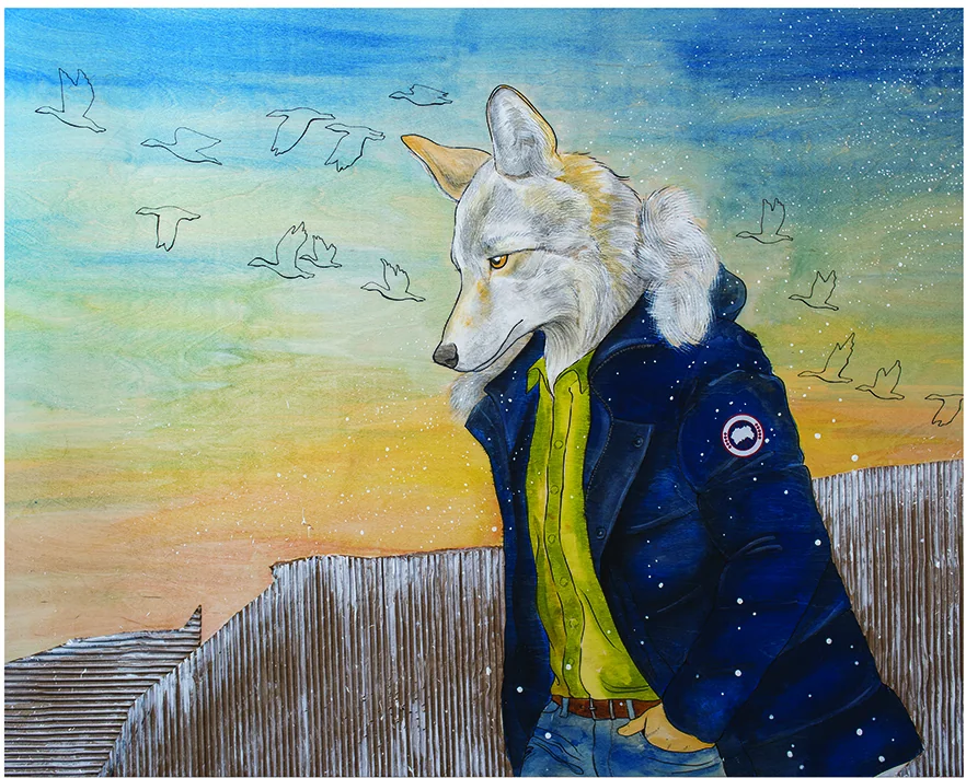 Un coyote dans la ville : personnage à tête de coyote portant une veste bleue devant un paysage urbain. · Référence MHP-ZOO-02