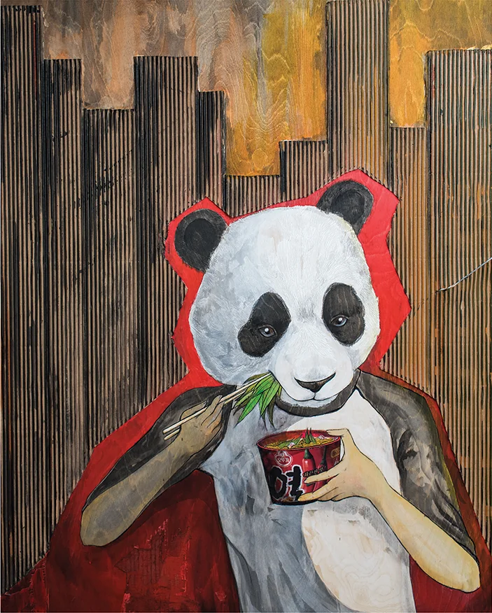 Instant Bamboo Ramen : personnage à tête de panda devant un fond de tiges de bambou. · Référence MHP-ZOO-03
