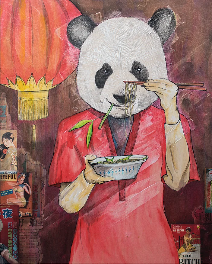 Tokyo Panda : personnage à tête de panda vêtu de rouge, tenant un bol et des baguettes. · Référence MHP-ZOO-04