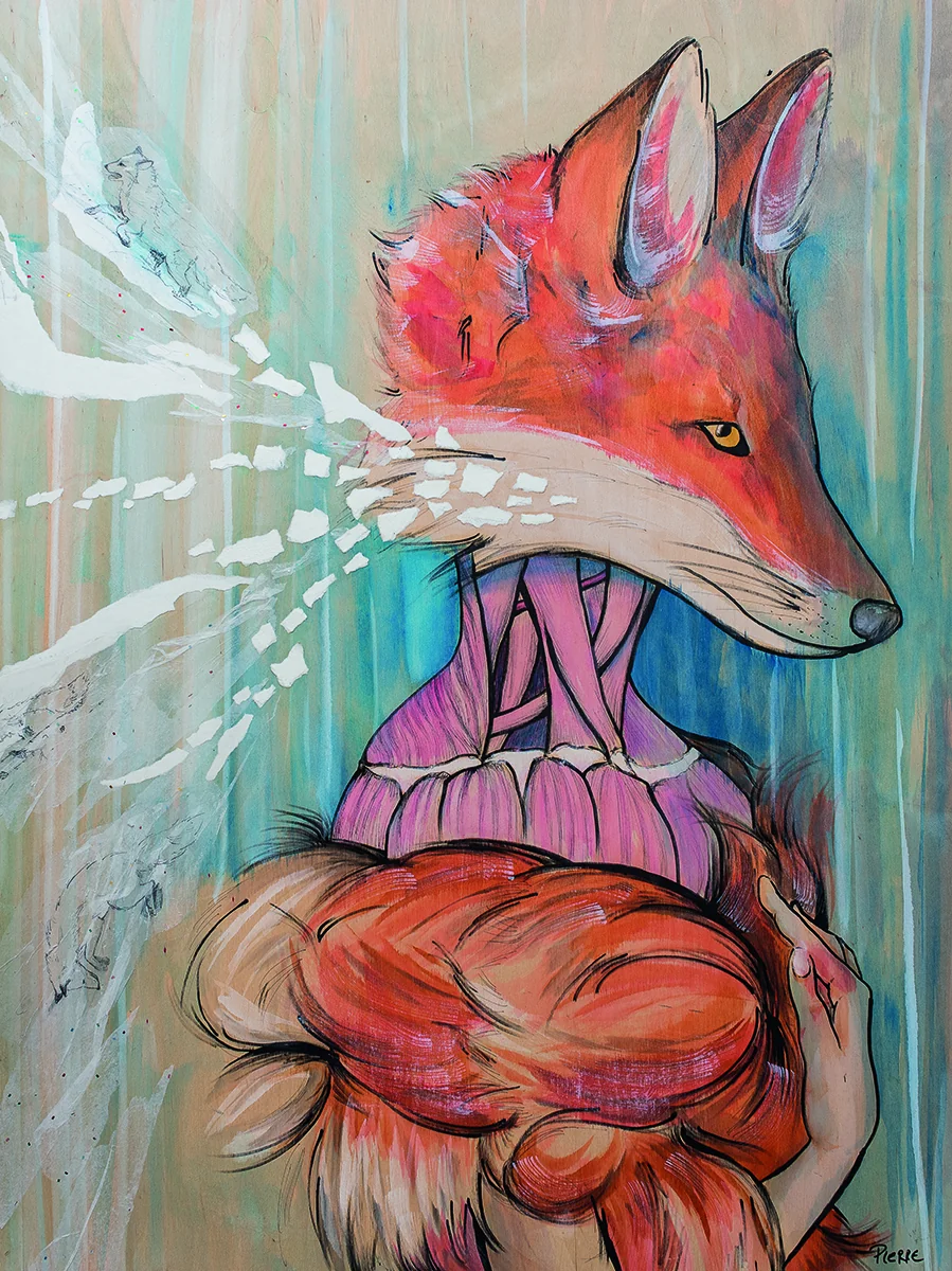 My Fur Lady : personnage à tête de renard roux coiffé de plumes, avec un col violet. · Référence MHP-ZOO-08