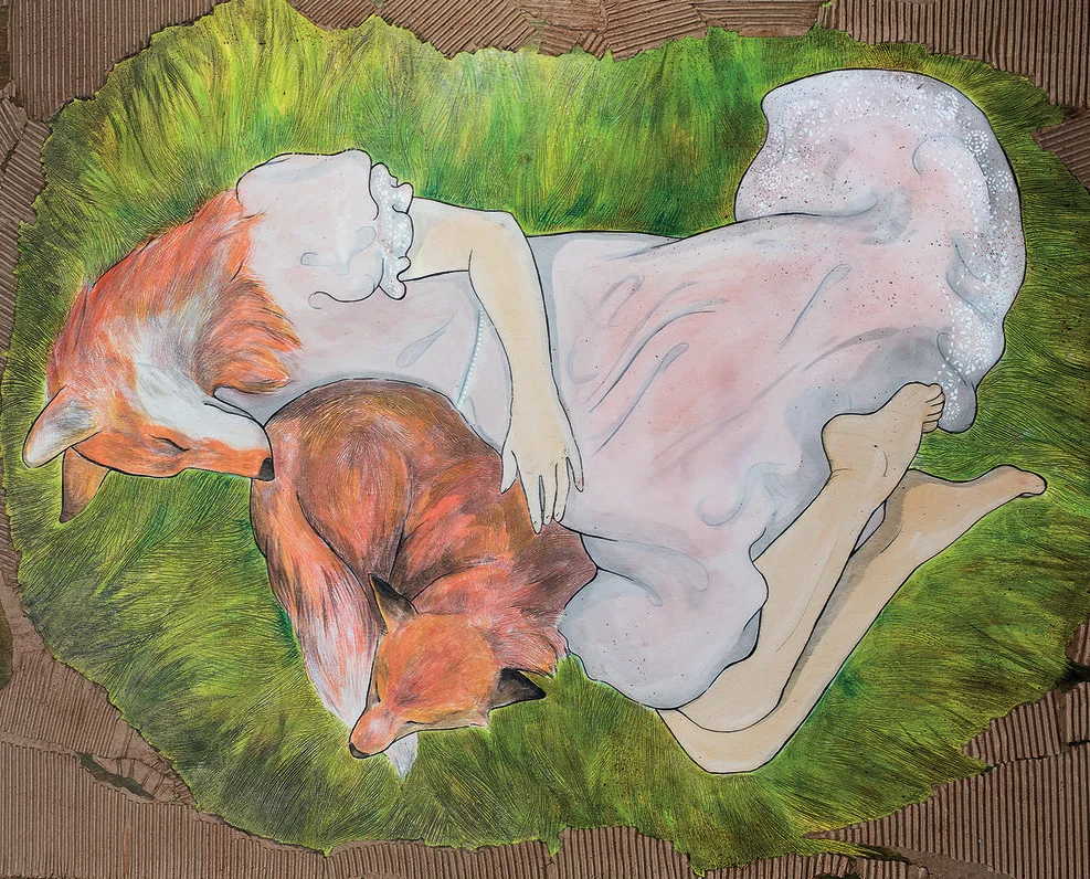 Renarde endormie : renarde rousse couchée dans une composition aux tons verts et roses. · Référence MHP-ZOO-09